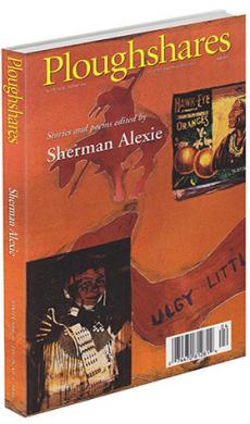 A journal cover with a photo of a young boy in Native American clothing and red artwork